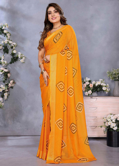 Mesmerizing Orange Chiffon Shibori Printed Saree With Blouse